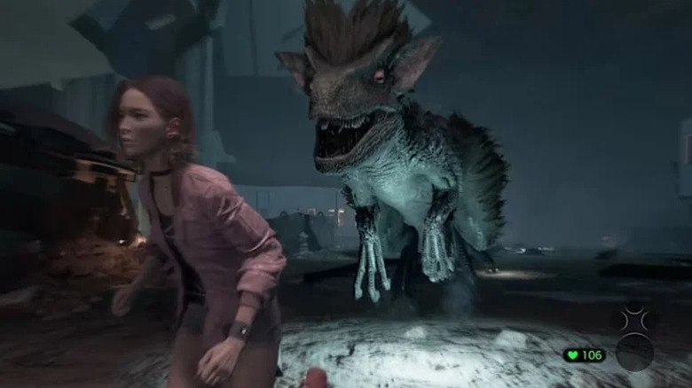 Anne runs away from a charging dinosaur in Tokyo Scramble
