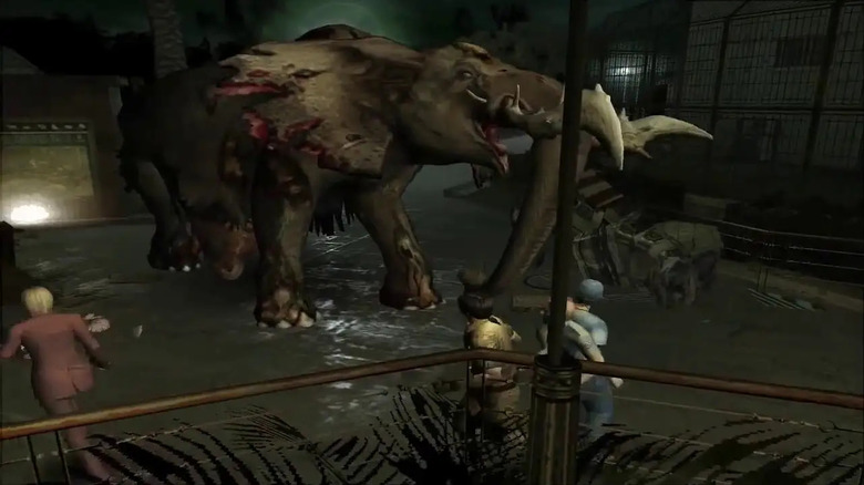 Survivors run from a zombie elephant in Resident Evil Outbreak
