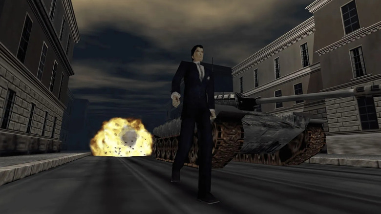 James Bond walks away from an explosion behind a tank in GoldenEye 007