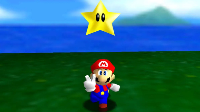 Mario flashes a peace sign under a Power Star in Super Mario 64