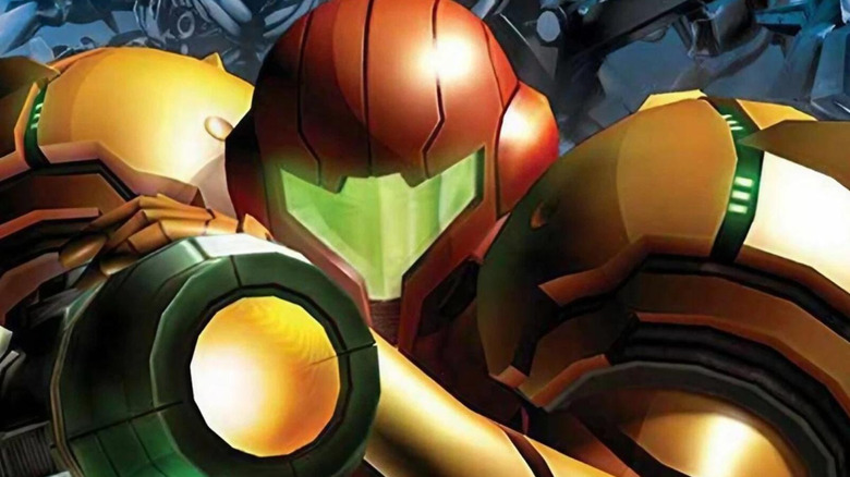 Samus Aran aims her cannon on the cover art for Metroid Prime Hunters