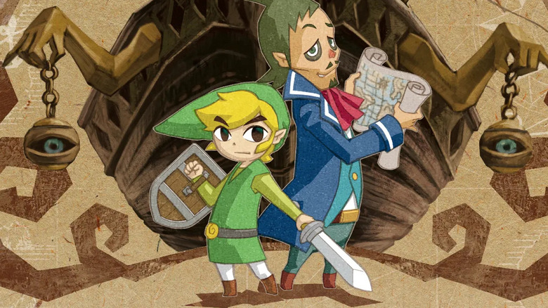 Link and Linebeck stand back-to-back on the cover art for The Legend of Zelda: Phantom Hourglass