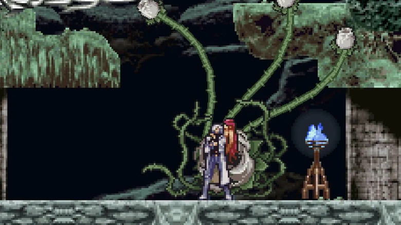 Soma Cruza stands next to a plant demon in Castlevania: Dawn of Sorrow
