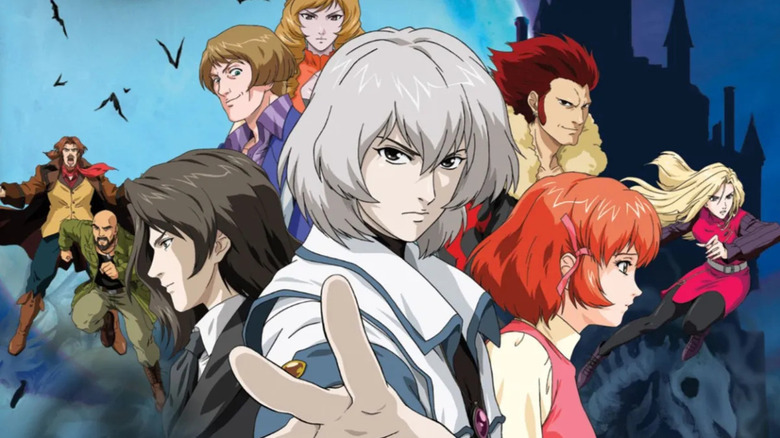 Soma Cruz poses in front of the cast on the cover art for Castlevania: Dawn of Sorrow