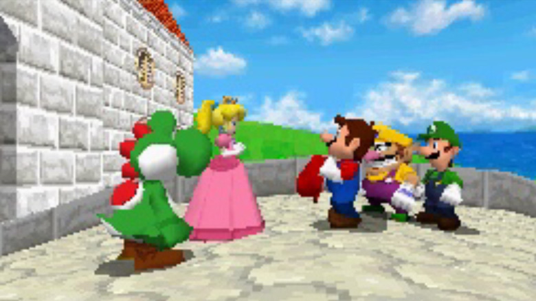 Yoshi, Wario, and Luigi watch Peach and Mario speak in Super Mario 64 DS