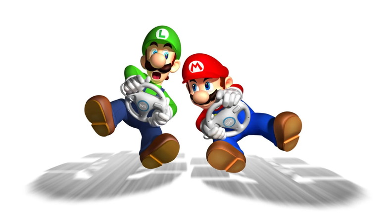 Luigi and Mario race against each other with Wii Wheels on the cover art for Mario Kart Wii