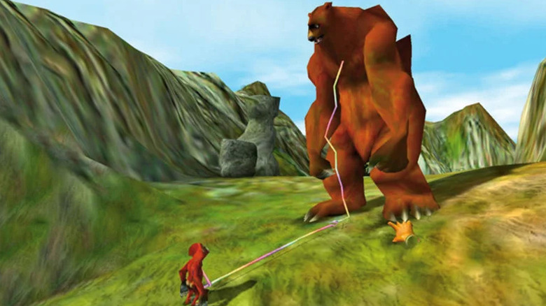 A character stares up at a bear hulking over them in "Black & White" (2001)