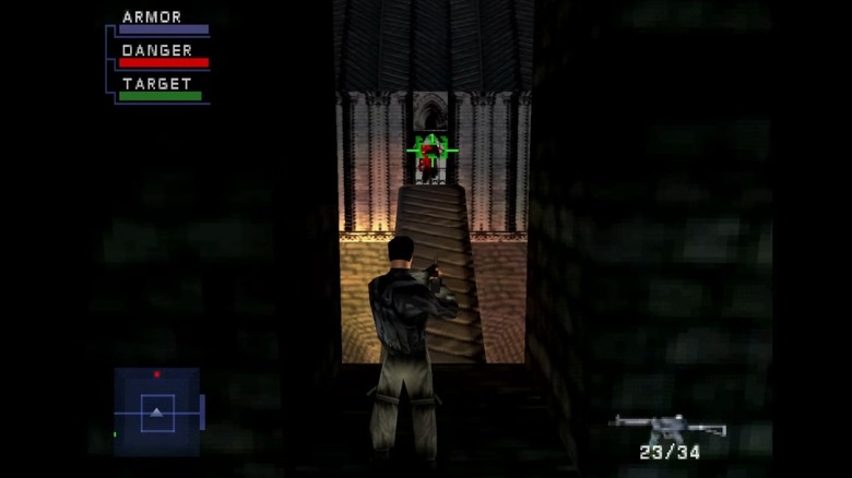 Gabe Logan in a shootout in Syphon Filter. Note the "danger" and "target" meters