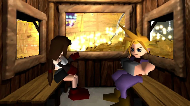 Tifa and Cloud Strife sit in a train car in Final Fantasy 7