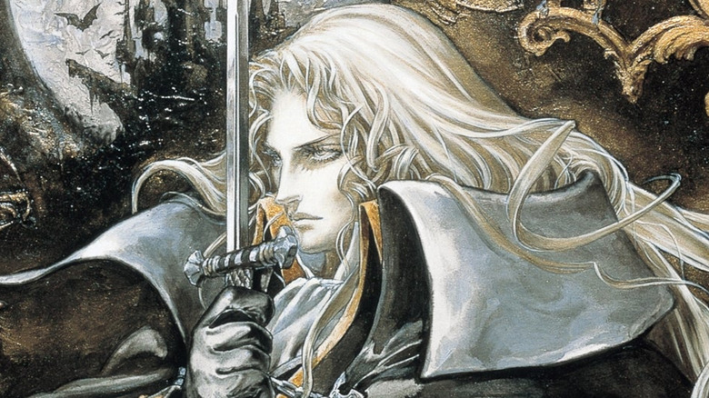 Alucard holds his sword on the cover art for Castlevania: Symphony of the Night