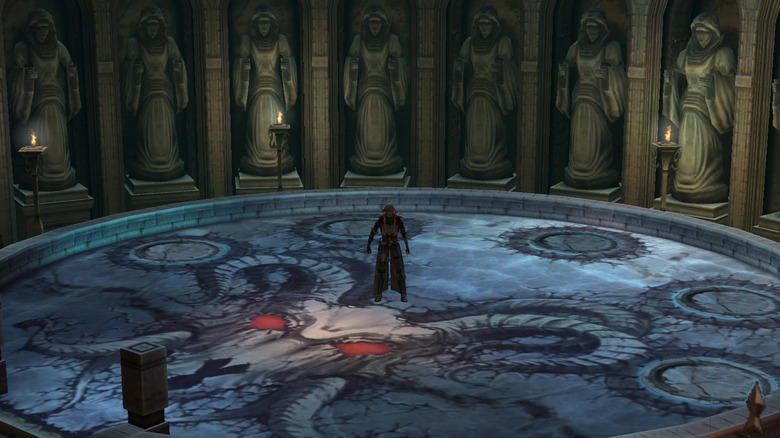 Leon Belmont stands on a devilish seal in Castlevania: Lament of Innocence