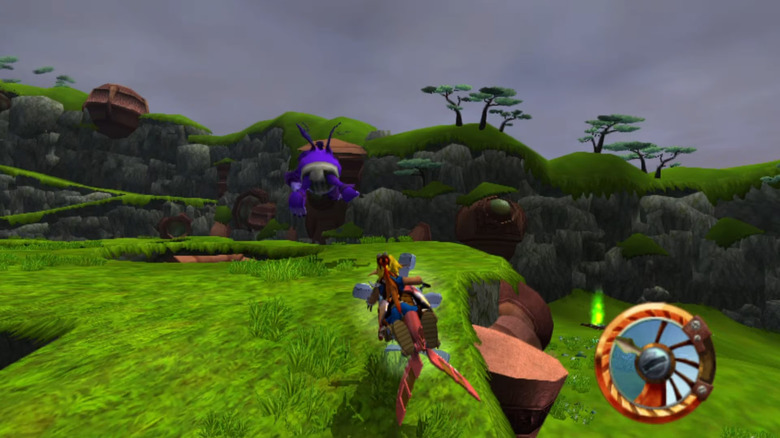 Jak and Daxter ride across a grassy slope in Jak and Daxter: The Precursor Legacy