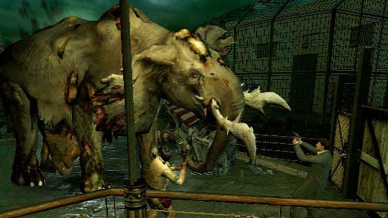 Survivors aim at a zombie elephant in Resident Evil Outbreak