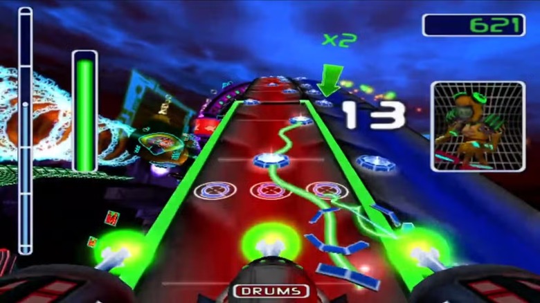 A futuristic craft blasts notes on colorful tracks in Amplitude