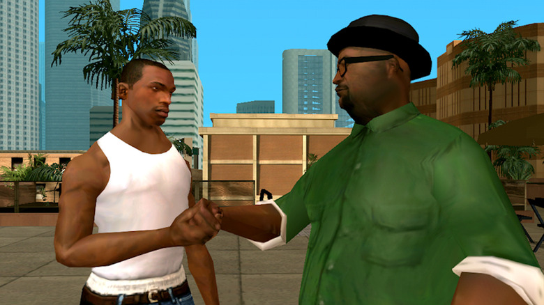 CJ Johnson shakes hands with Big Smoke in Grand Theft Auto: San Andreas