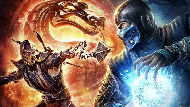 Scorpion throws a spear at Sub-Zero on the cover art for Mortal Kombat (2011)