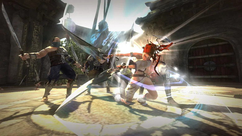 Nariko cuts through several enemy soldiers in Heavenly Sword