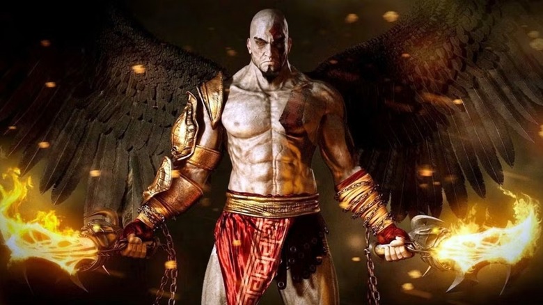 Kratos stands hold the Chains of Exile in promotional artwork for God of War III