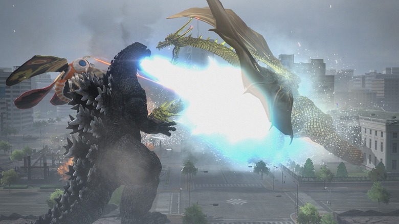 Godzilla fighting Mothra and King Ghidorah in "Godzilla" (2014)