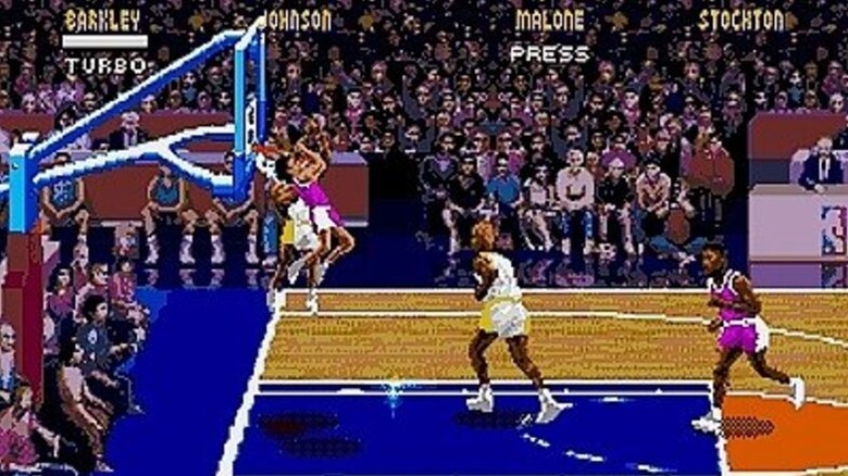 Four basketball players run on a court in NBA Jam
