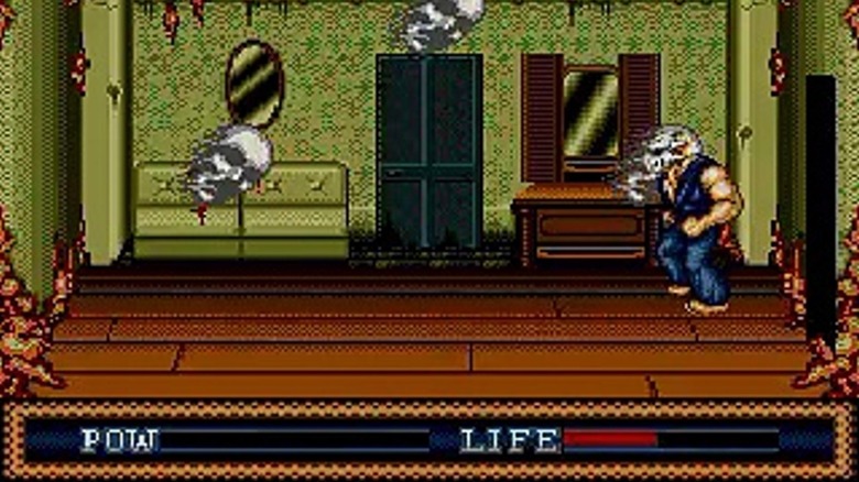 Rick walks into a room with ghostly faces in Splatterhouse 3