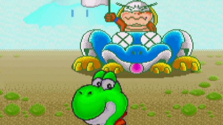 Yoshi grinning with defeated Koopa behind him Yoshi's Safari
