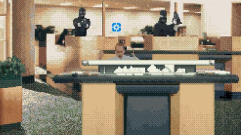 Player shooting at bank robbers in Lethal Enforcers