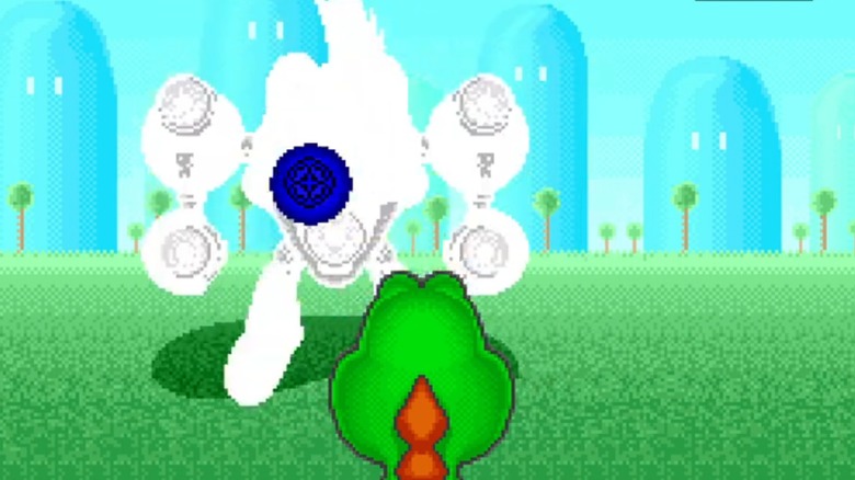 Yoshi shooting a robot enemy in Yoshi's Safari