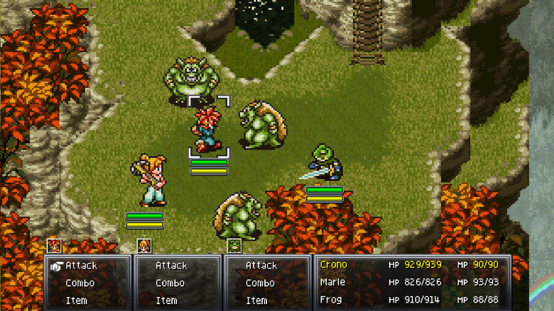 Crono, Marie, and Frog battle a group of monsters in Chrono Trigger