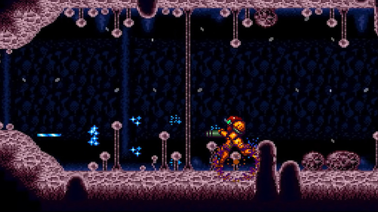 Samus Aran runs through a cave in Super Metroid