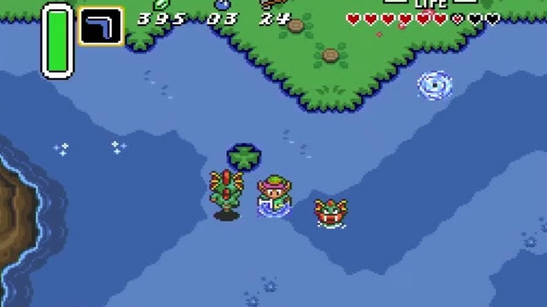 Link wades through shallow water in The Legend of Zelda: A Link to the Past