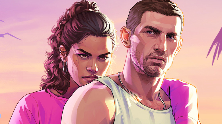 Lucia Caminos rests her arm on the shoulder of Jason Duval in artwork for Grand Theft Auto 6