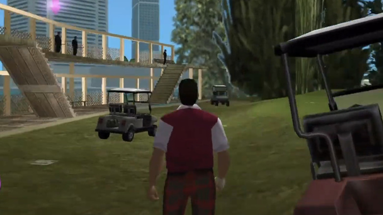 Tommy Vercetti stands on the driving range of the Leaf Links country club in Grand Theft Auto Vice City
