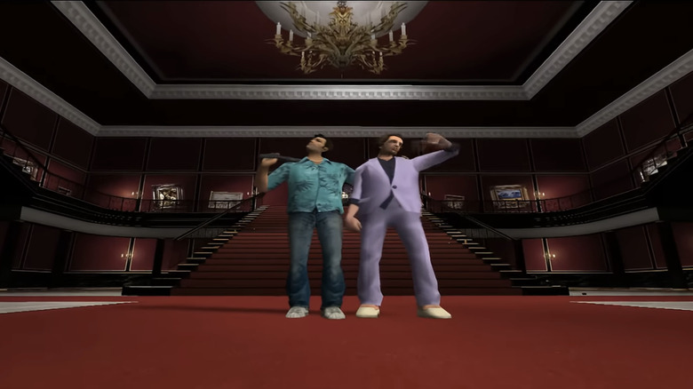 Tommy Vercetti and Ken Rosenberg stand side by side in the foyer of the Vercetti mansion in Grand Theft Auto Vice City