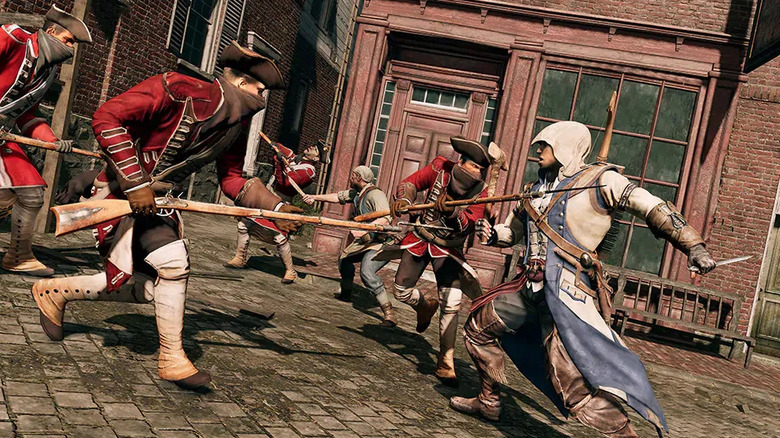 Connor Kenway fights a group of English soldiers in a street in "Assassin's Creed III" (2012)