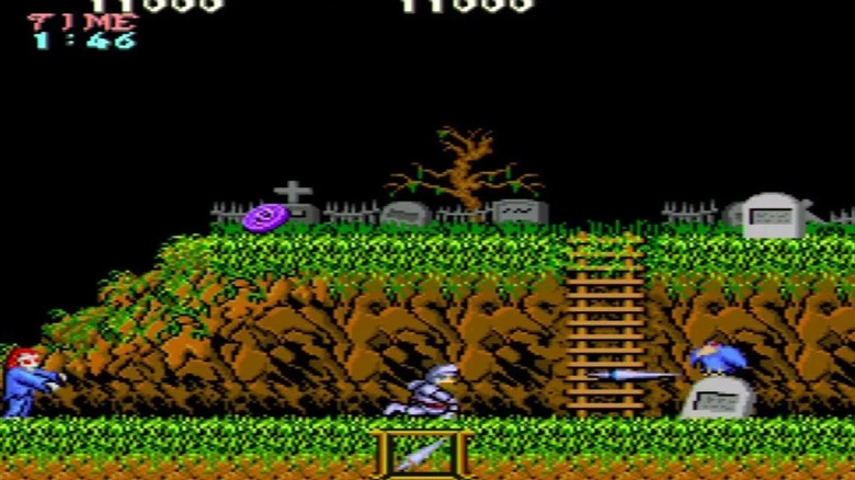 Arthur throws a lance at a raven in a graveyard in "Ghosts 'n Goblins" (1985)