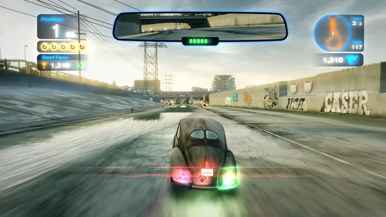 A VW Beetle drives through a spillway in Blur
