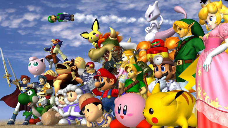 The playable roster of Super Smash Bros. Melee stand together in Super Smash Bros. Melee