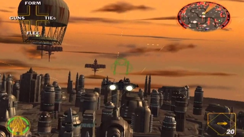 An A-Wing cruises above Cloud City in Star Wars Rogue Squadron II: Rogue Leader