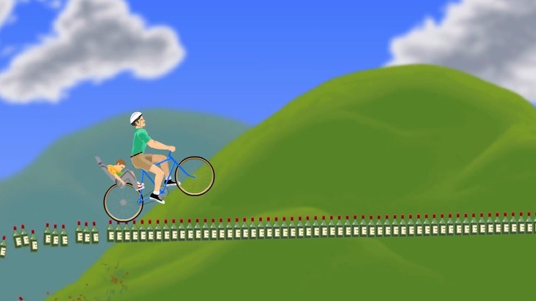 Man and son biking across glass bottle bridge in Happy Wheels