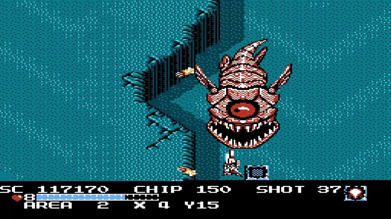 The Guardian approaches a one-eyed monster in his spaceship in "The Guardian Legend" (1988)