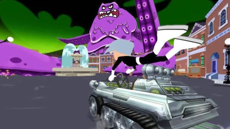 Danny Phantom clinging to his vehicle in Nicktoons Nitro