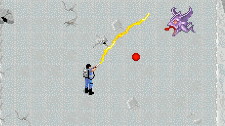 A Ghostbuster fires a proton beam at a winged monster in The Real Ghostbusters (1987)