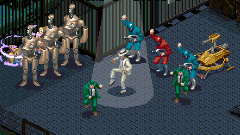 Michael Jackson gets gunmen and robots to dance with him in "Michael Jackson's Moonwalker" (1990)