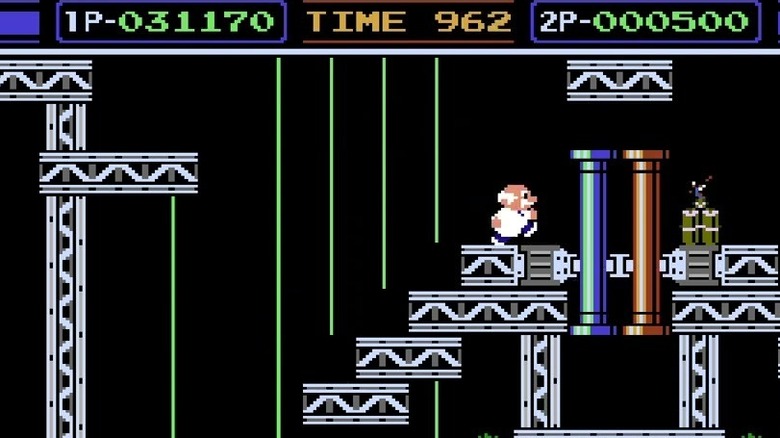 Professor Hector walks towards blue and red pipes in "Gyromite" (1985)