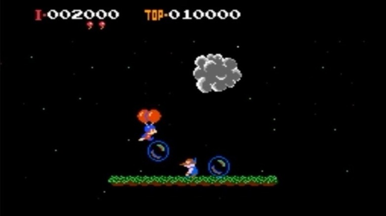 The Balloon Fighter descend on a rival blowing bubbles in "Balloon Fight" (1984)