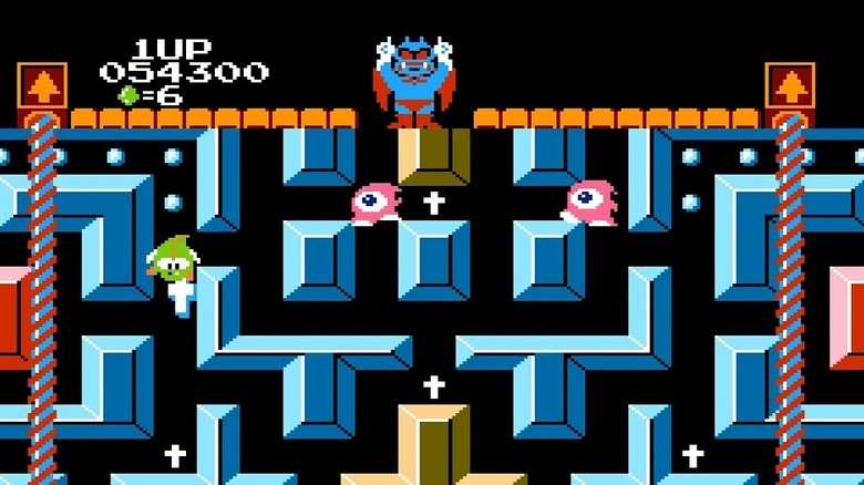 A devil points up as a dragon reaches a crucifix in "Devil World" (1984)