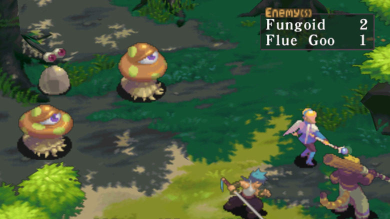 The party confronts a group of monsters in a forest in Breath of Fire IV