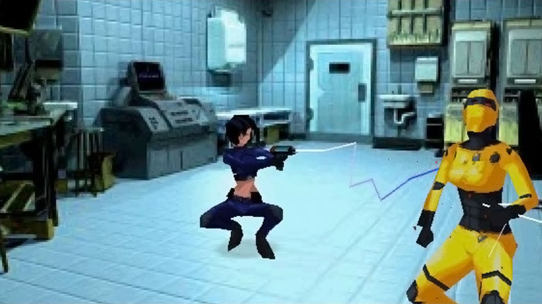 Hana Tsu-Vachel aims at an enemy solder in Fear Effect 2: Retro Helix
