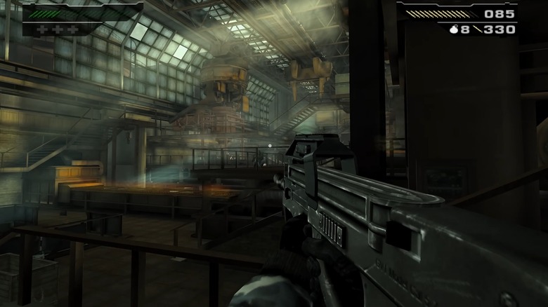 Screenshot of an industrial factory in Black. Note the light beams and detailed weapon model